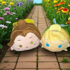 Disney Tsum Plush Princess Belle Beauty & Beast Tinkerbell Pillow 12" Lot of 2